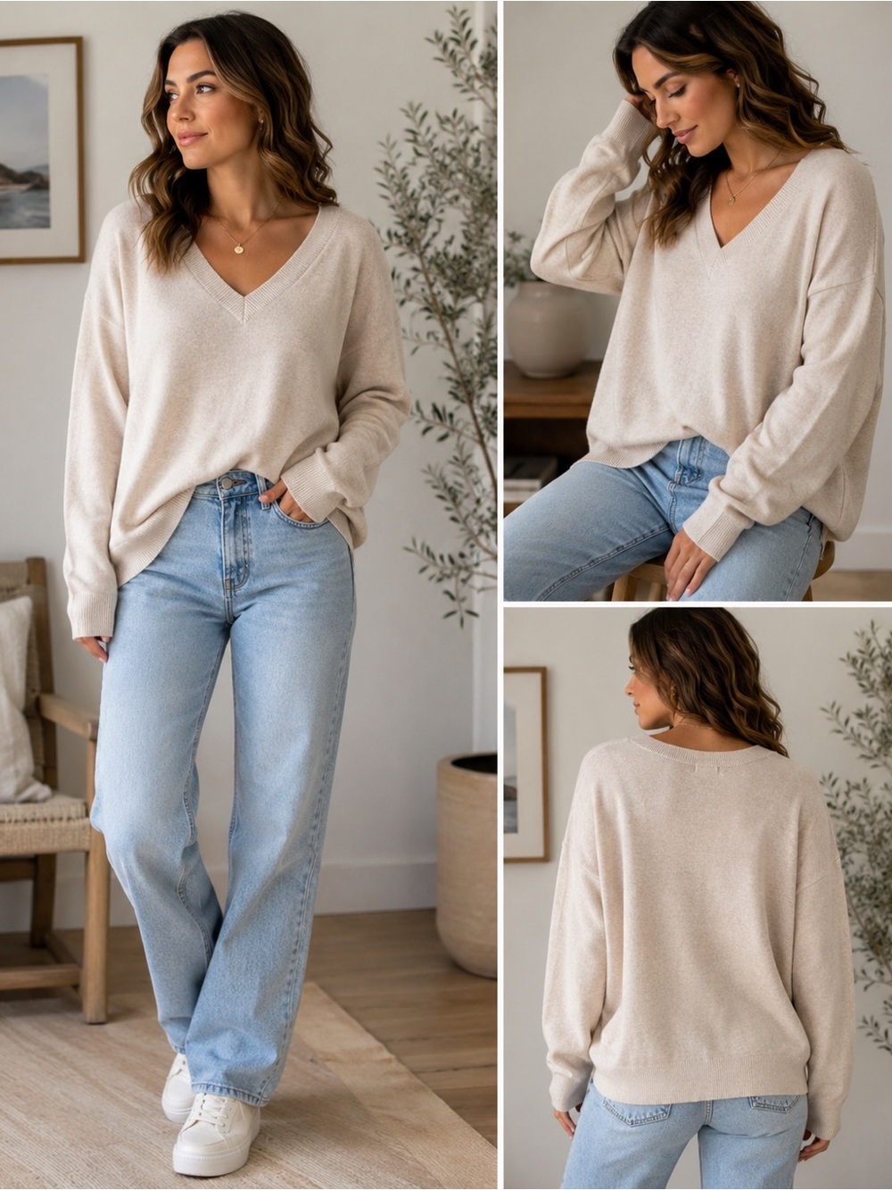 OBJECT NWT Oversized V Neck Sweater Beige Oatmeal Knit Long Sleeve Size L